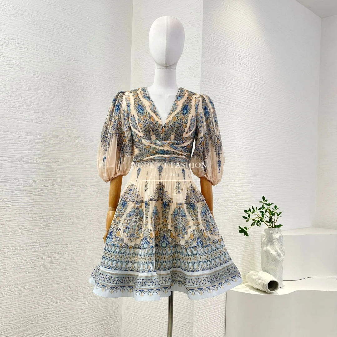 

2025 New Black Paisley Print Short Sleeve V-Neck Mini Dress for Women