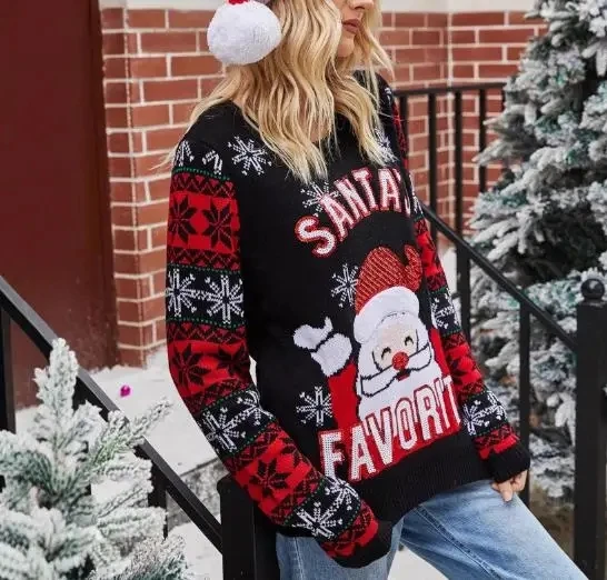 

Women's Christmas Pullover Sweater with Santa Claus Embroidery Round-Neck Knitwear Female Fashion Casual Knitted Top