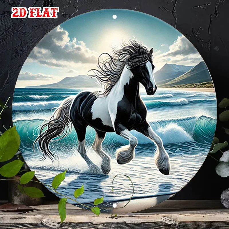 2D Flat, 2D Flat 1pc Majestic Round Aluminum Sign, Galloping Horse Round Wall Decor Sunset Scene Rustic Metal Wall Art, Ocean