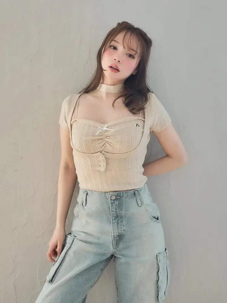 

Pure Desire Style Choker Pattern Slim Fit Tank Top And Jacket Two Piece Set Knitted Sweater Sweet Japanese Style Short Sleeve