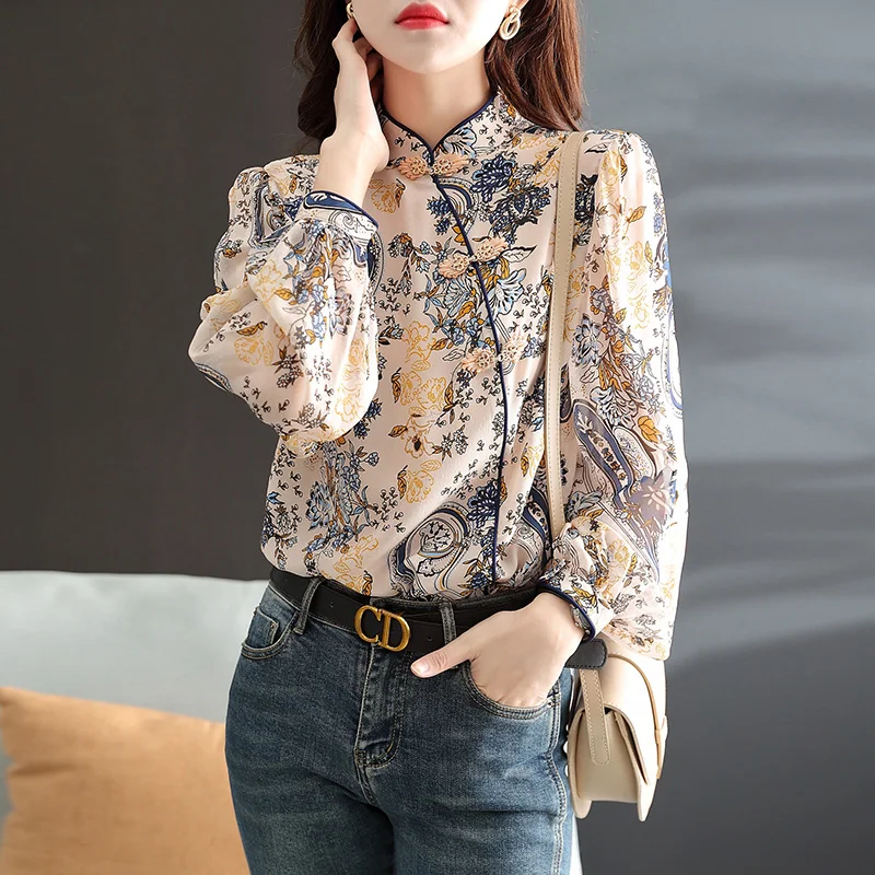 

Spring Faion Women's Chinese Sle Long Sve Print Qipao Top National Sle Button Design Cotton Straight Cut irt