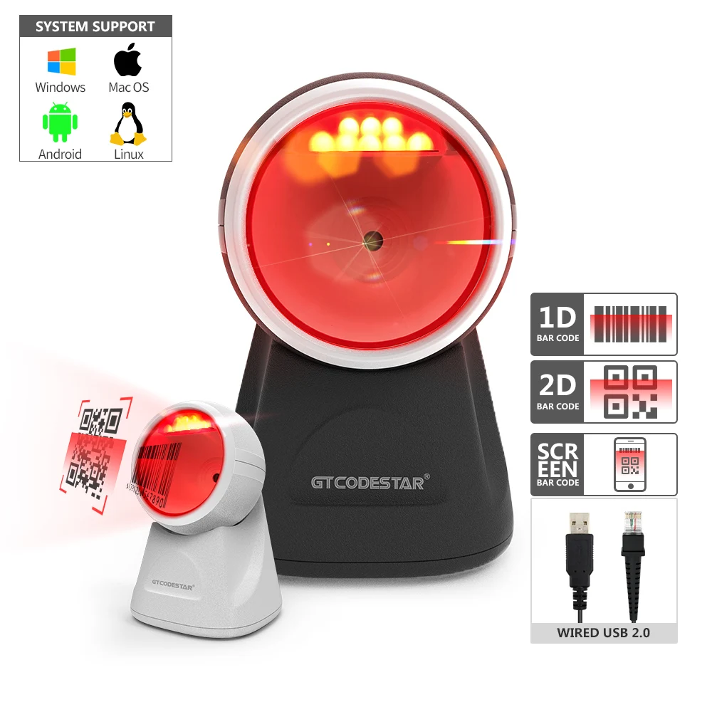 GTCODESTAR Corded Qrcodes Payment Barcode Reader Scanner Desktop 2D Qr Bar Codes Large Format Barcode Scanner for Scan to Pay