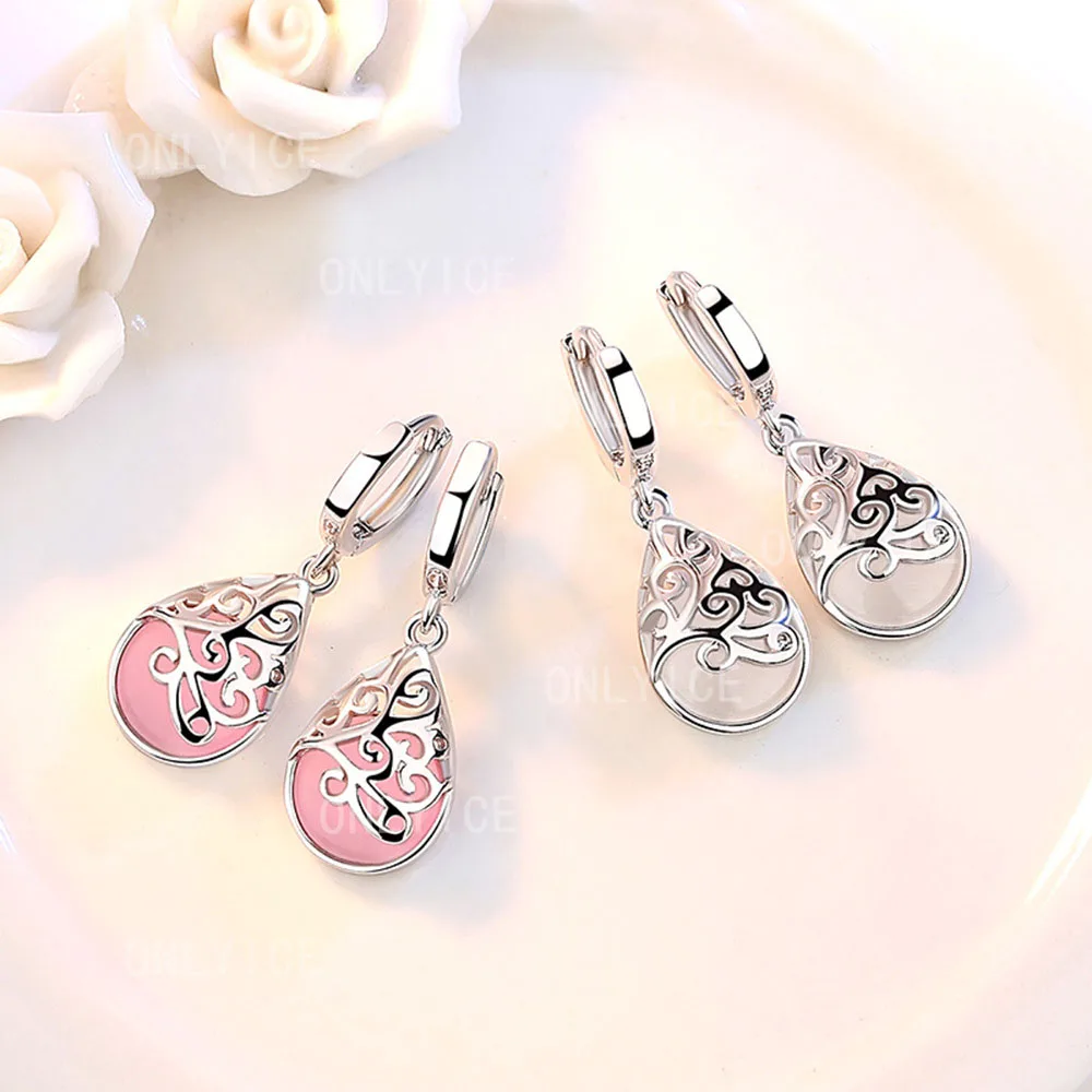 

925 Sterling Silver White&Pink Waterdrop Drop Earrings For Women Fashion Wedding Party Engagement Gift Charm Jewelry