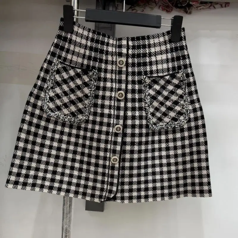 

Новая элегантная клетчатая мини-юбка, женская трикотажная однобортная однобортная тонкая трапециевидная юбка с карманами, милая одежда Jupe