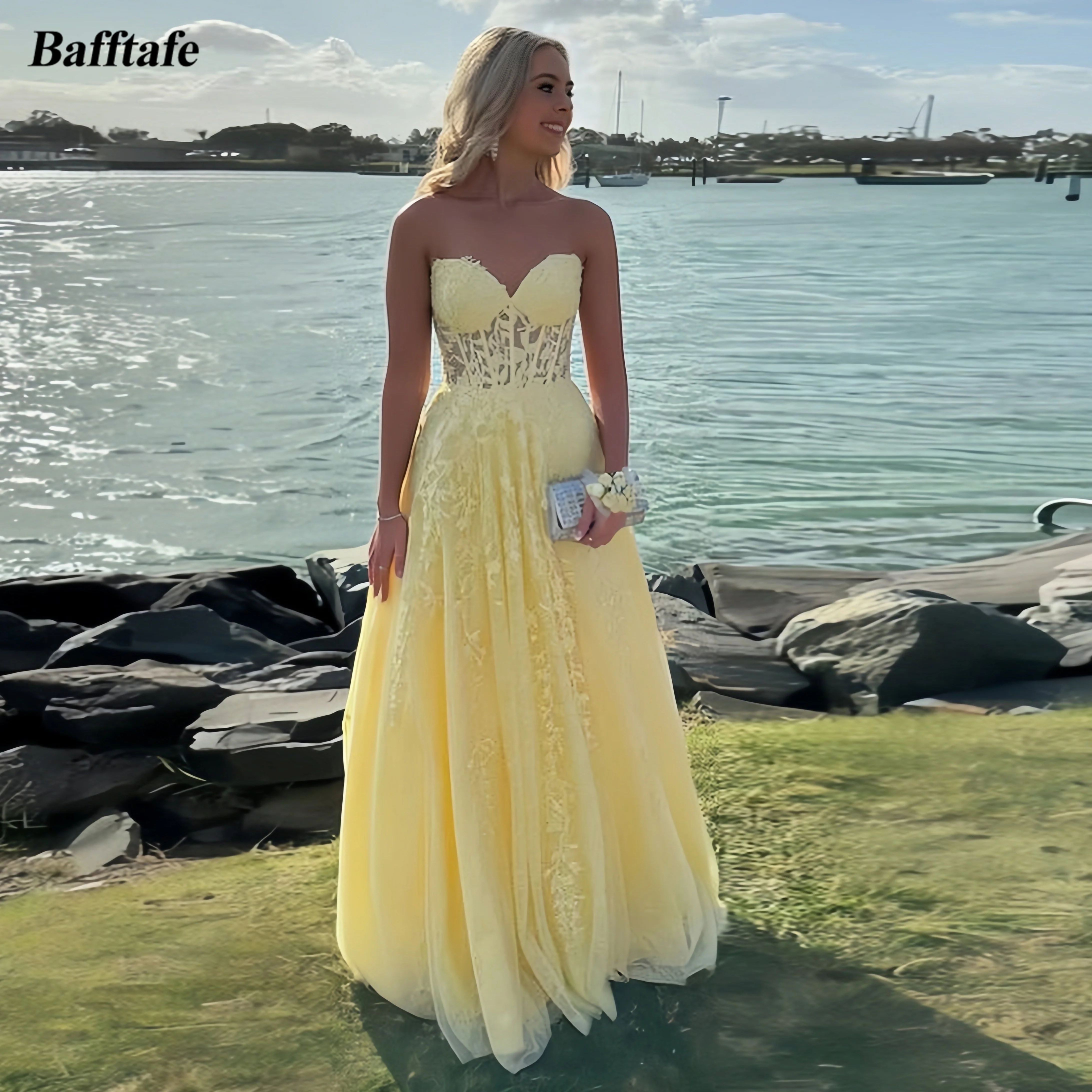 

Bafftafe Yellow A Line Tulle Long Prom Dresses Appliques Lace Evening Gowns Customized Corset Back Formal Occasion Party Dress