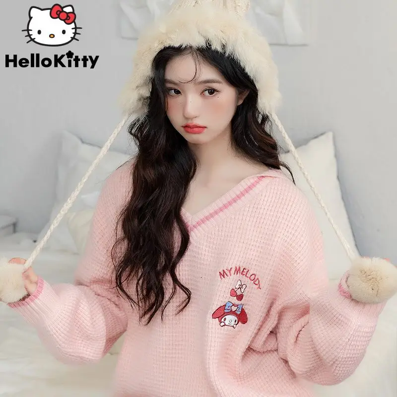 Sanrio Kuromi Kawaii Women\'s Sweater Mardi Embroidered Knit Women Sweater Navy Collar Women\'s Clothing Loose College Cute Sweet