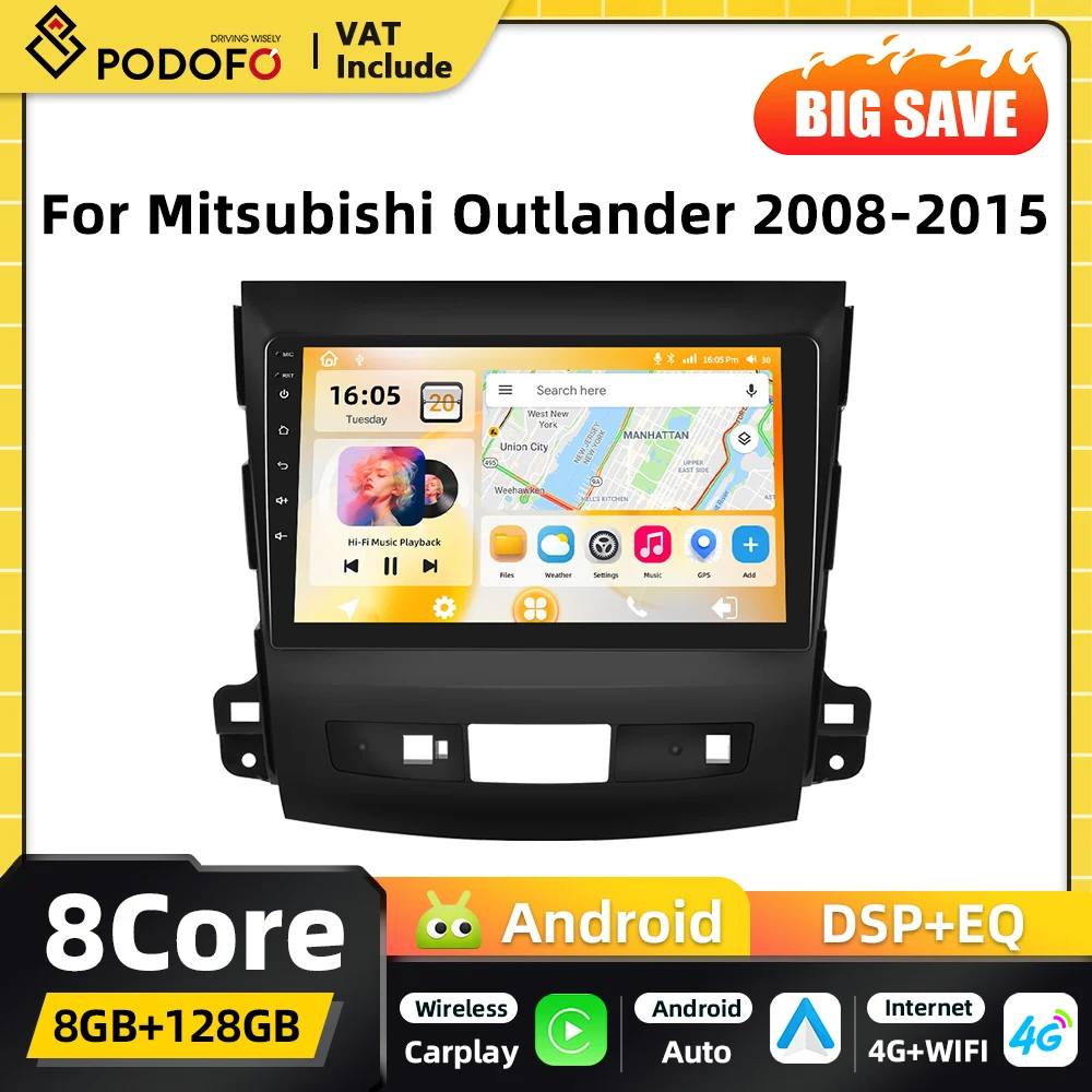 Podofo 8Core Carplay 2DIN autoradio Android pour Mitsubishi Outlander Citroen C-Crosser Peugeot 4007 2008-2015 GPS DSP FM RDS BT