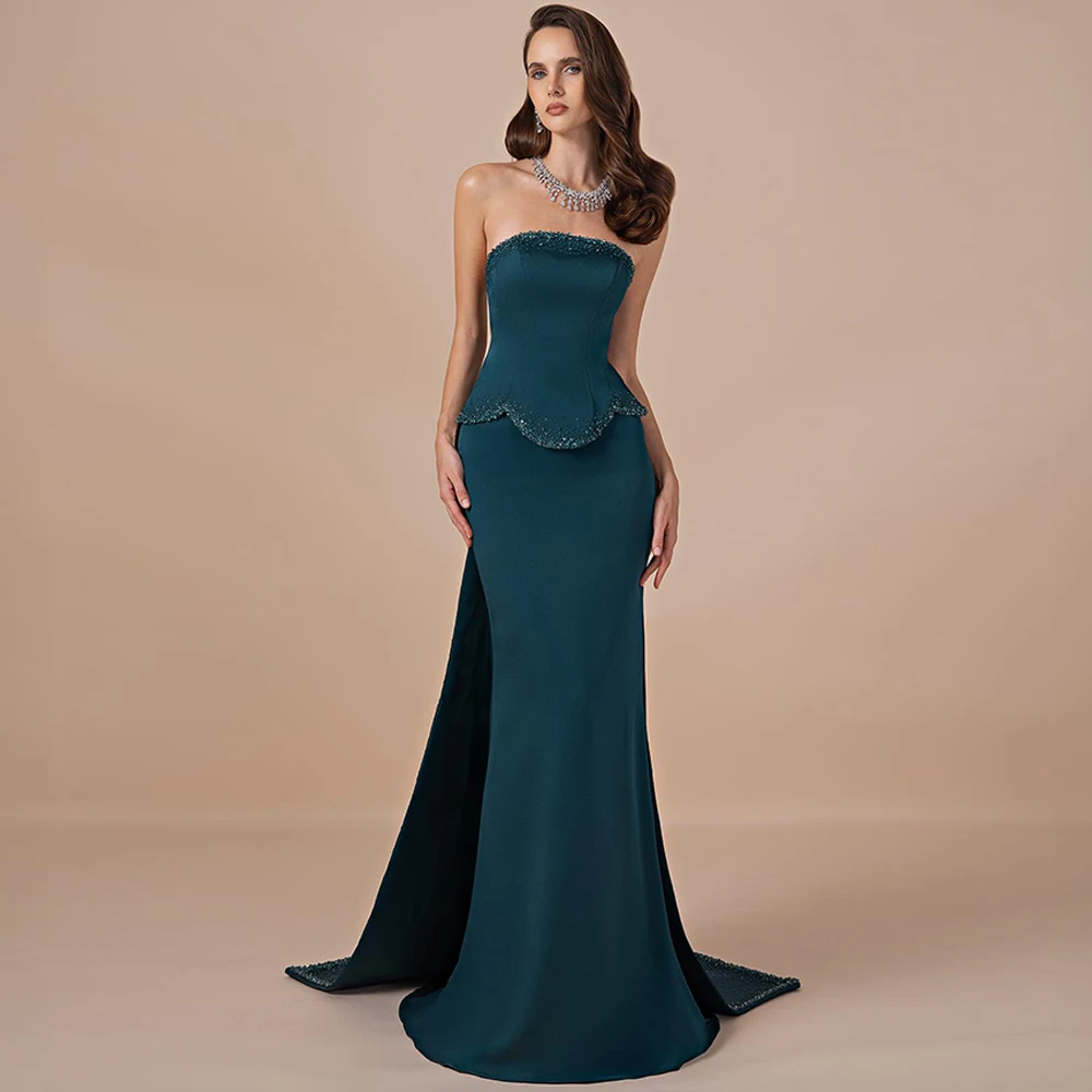 

Elegant Strapless Jersey Evening Dress Delicate Beading Special Occasion Gowns Luxury Watteau Train Customized Prom Dress