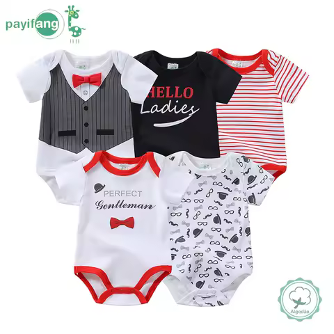 Conjunto de Macacão de Manga Curta para Bebê Menino com 5 Peças, Body de Algodão Puro, Conjunto de Body com Estampa Temática de Terno de Cavalheiro, Roupas de Verão para Bebês de 0 a 12 Meses