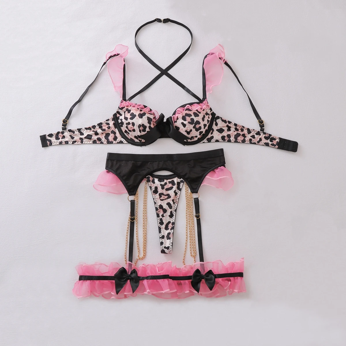 

Fashion Sexy Metallic Chain Adorned Lace Lingerie Set Women's Wild Leopard Printed Mesh Underwear Female Body-shaping Split Set