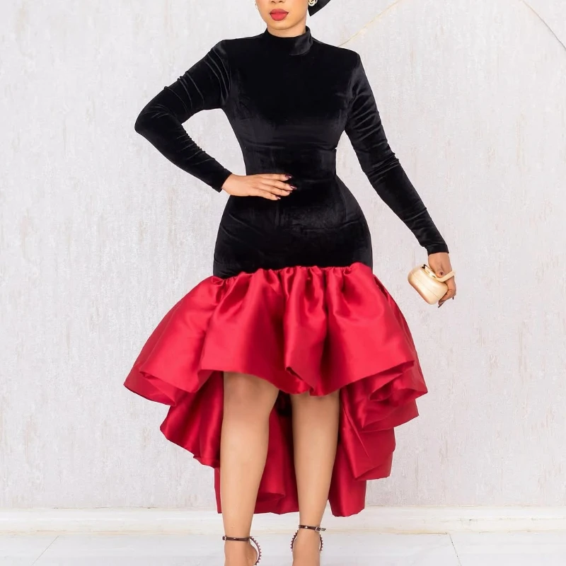 Elegant Velvet Patchwork Mermaid Dress Women Half High Collar Long Sleeve Autumn Winter Evening Christmas Cocktail Party Gown
