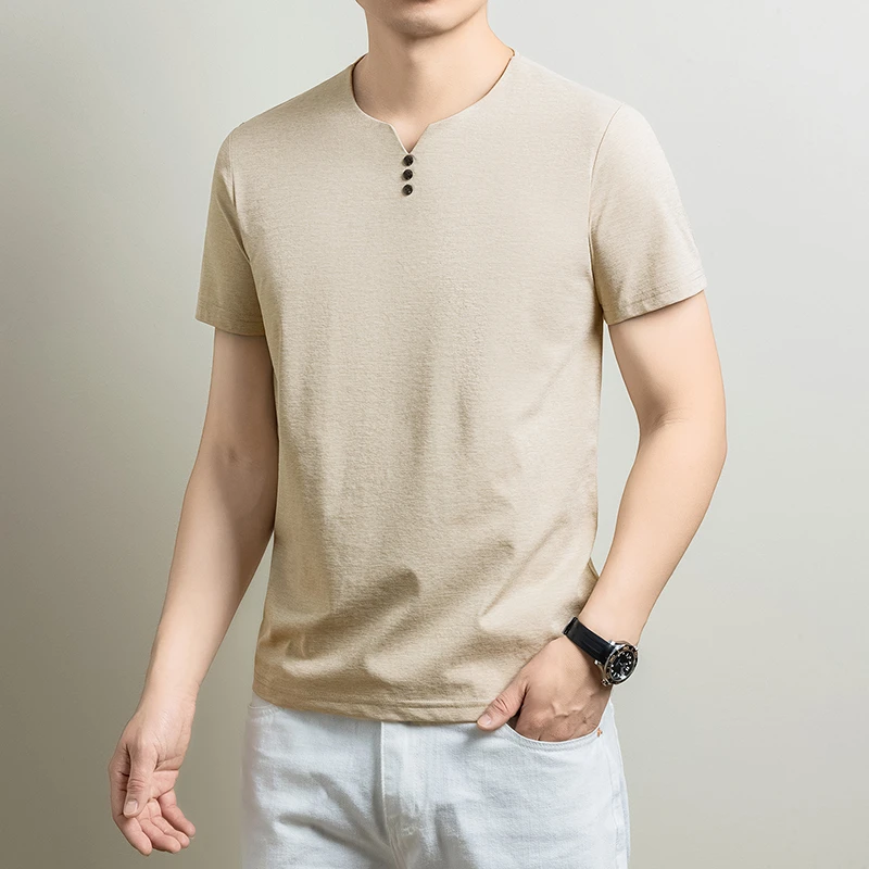Herren-T-Shirt mit kurzem Arm und V-Ausschnitt, atmungsaktiv, bequemer Stoff für ganztägigen Komfort, lässiger Stil und Alltagskleidung. – Detail 19
