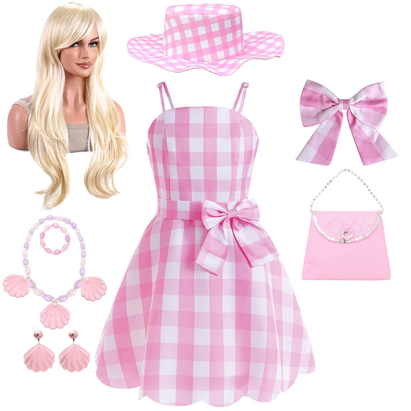 

Fancy Girl Plaid Print Pink Barbi Dress Summer Fantasy Festival Children Live-action Movie Ken Holiday Masquerade Party Costume