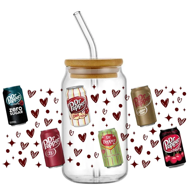 

New model Drinks Design 3D UV DTF Cup Wrap Sticker for 16oz Libbey Glasses Washable DIY Mug Pepper Transfer Sticker