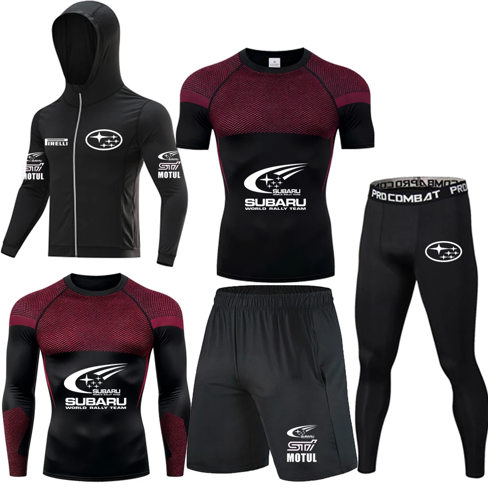 

SUBARU racing suit -5-piece men's set, quick drying tight fitting round neck T-shirt and breathable knitted printed shorts, suit