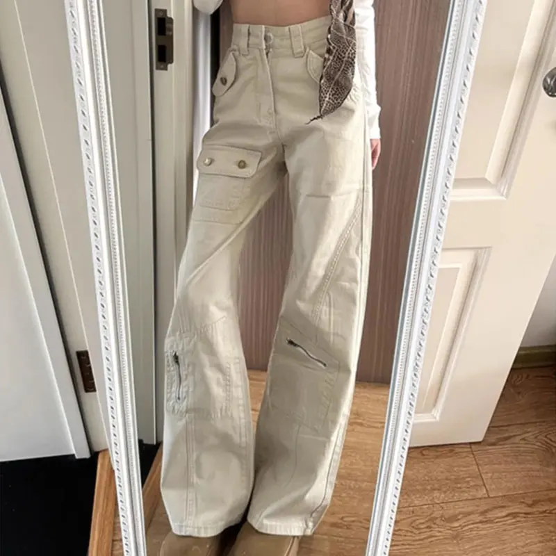 Hotsweet American Wide-Leg Cargo Pants Spring Autumn Multi-Pocket Metal Button Trousers Women's Loose Flare Zipper Casual Jeans