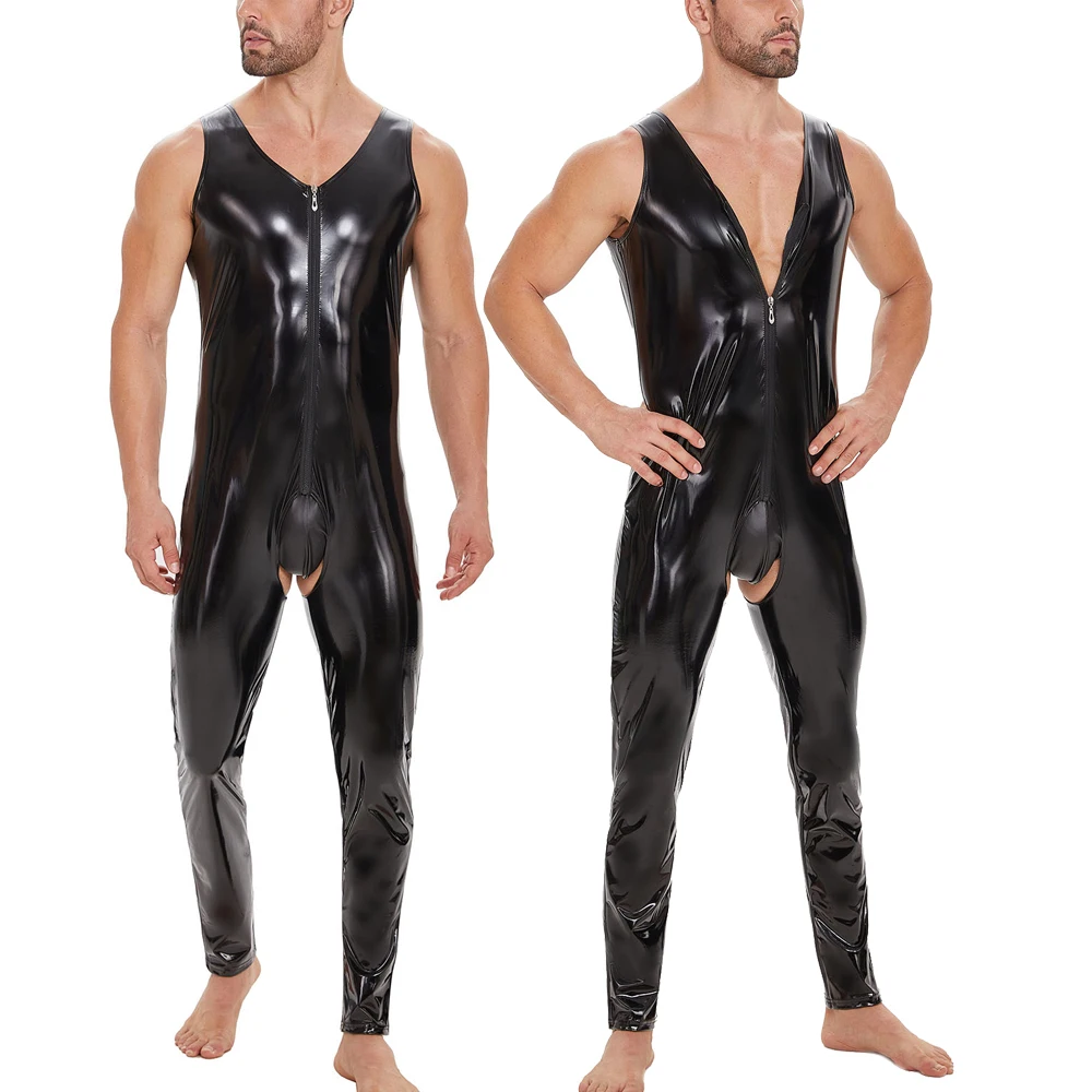 Mens Sexy Crotchless Latex Bodysuit Zipper PVC Leather Jumpsuit Gay Sleeveless Rompers Male Tight Long Leotard Wrestling Singlet