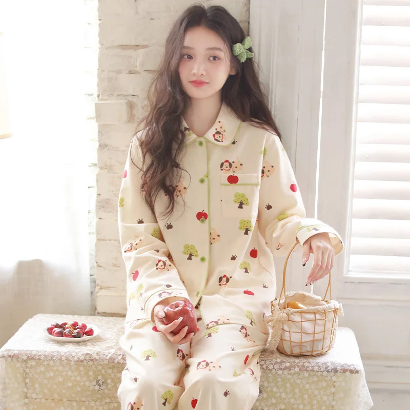 

Pajama women's pure cotton brushed cute cartoon autumn sweet set can be worn as outerwear home clothes