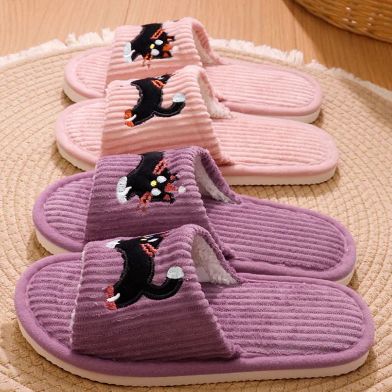 

Cartoon Cat Pattern Home Slippers for Women Light Open Toe Non Slip Bedroom Slides Woman Fashion Striped Plush Indoor Slippers