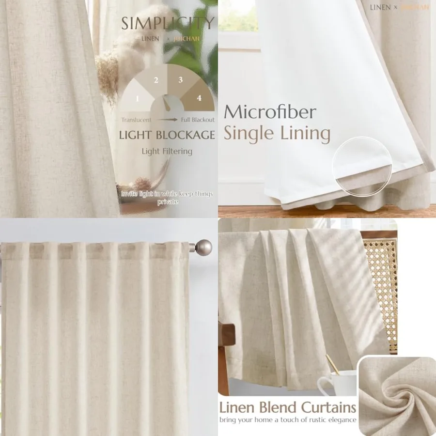 

Extra Wide Sliding Door Curtain 90 Inch Length with White Privacy Lining Natural Linen Lined Curtains for Patio Door Living Roo