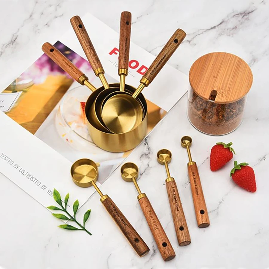 4PCS/8PCS baking cake stainless steel gold-plated weighing tool Acacia wood handle with carved measuring spoon Measuring tool
