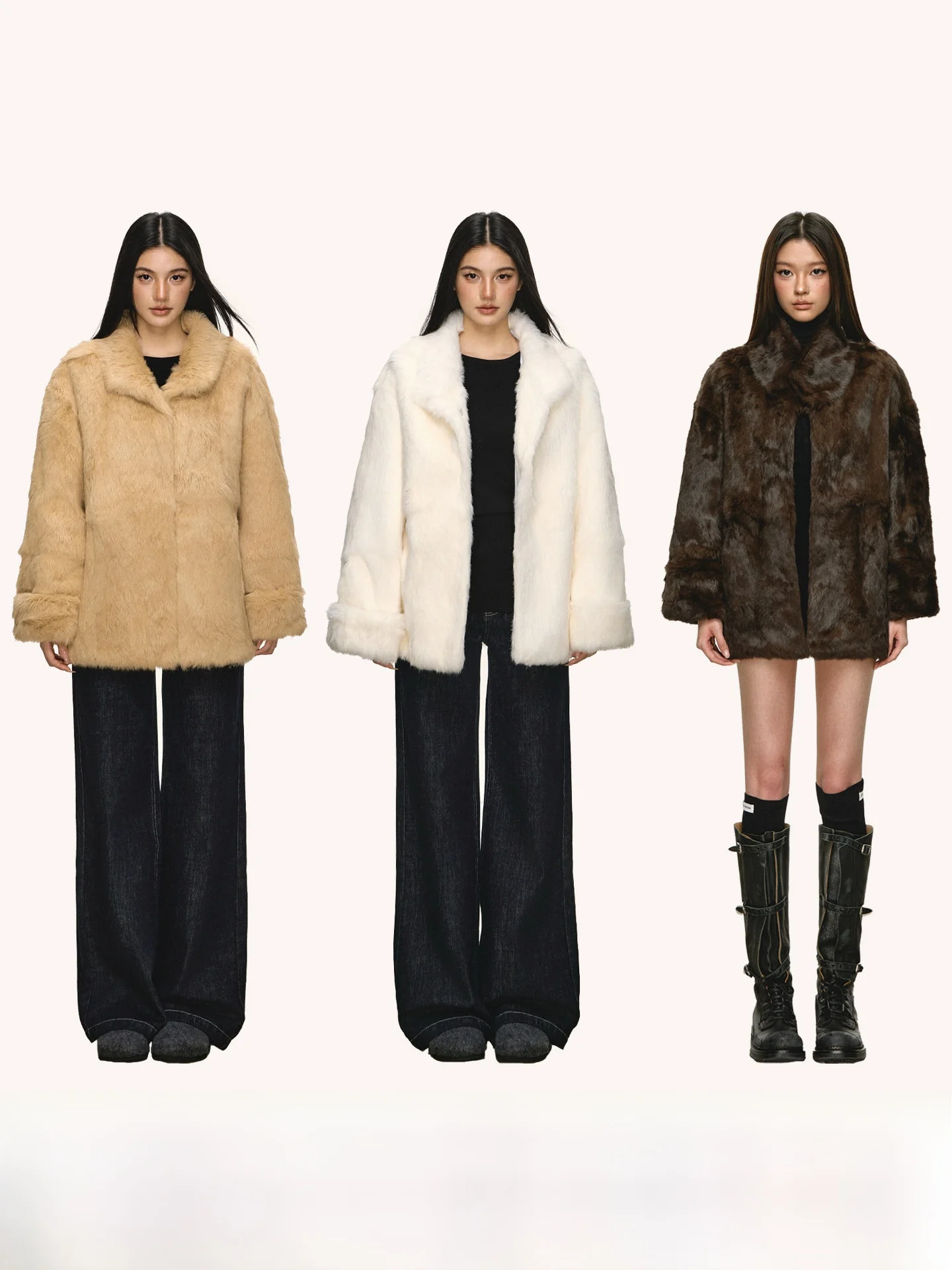 

Anna Aneae Rabbit Fur Collar Mid-Length Coat Women's Spring Autumn Khaki Loose Warm Fluffy Outerwear Casual Sle Long Sve