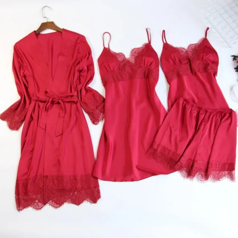 MECHCITIZ 2019 Sexy Women's Robe & Gown Sets Lace Bathrobe + Night Dress 4 Pieces Sleepwear Sleep Set Silk Robe Femme Lingerie