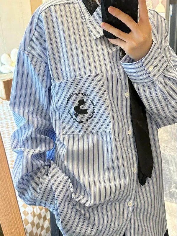 

Retro American Embroidered Logo Striped Tie irt Men Women College Sle Collared Long Sve Loose Top Polyester Fiber