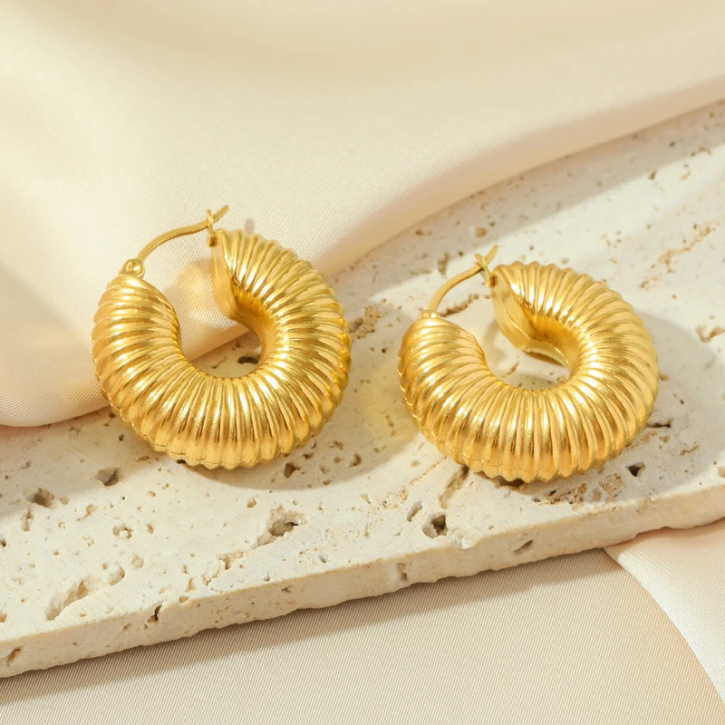 EILIECK 316L Stainless Steel Rust Proof Geometric Chunky Hoop Earrings for Women Gold Color PVD Texture Charm Stylish Jewelry view 5