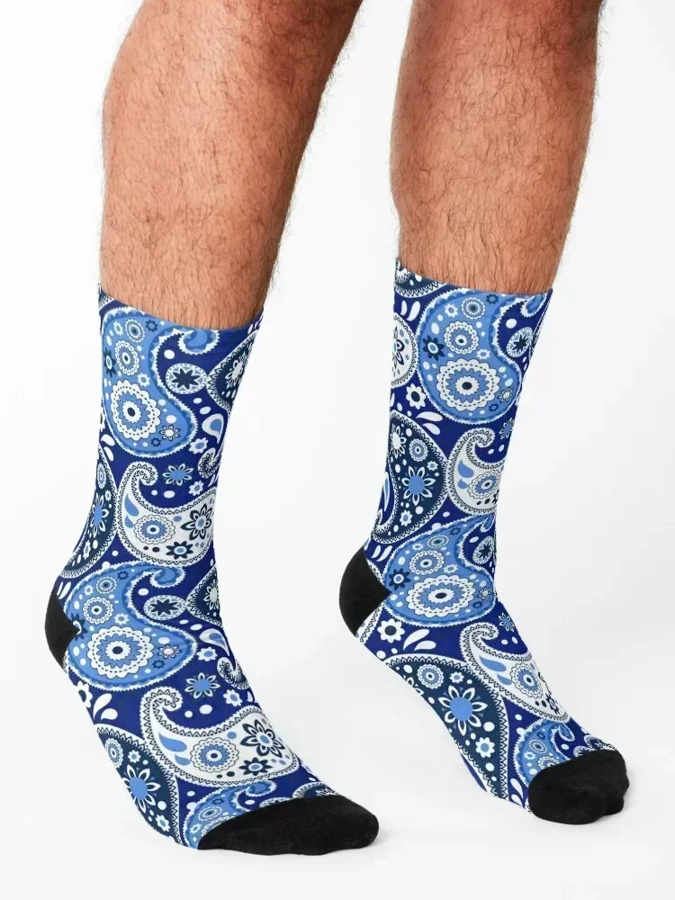 Blue and White Paisley Print Socks christmas gift gym golf basketball Women's Socks Men's