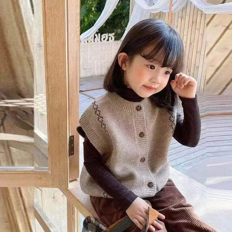 Kids Girls Knitted Sweaters Casual Print Cardigan Children Autumn Winter Clothes Teenage Girls Coffee Sweaters Vest Korean Style