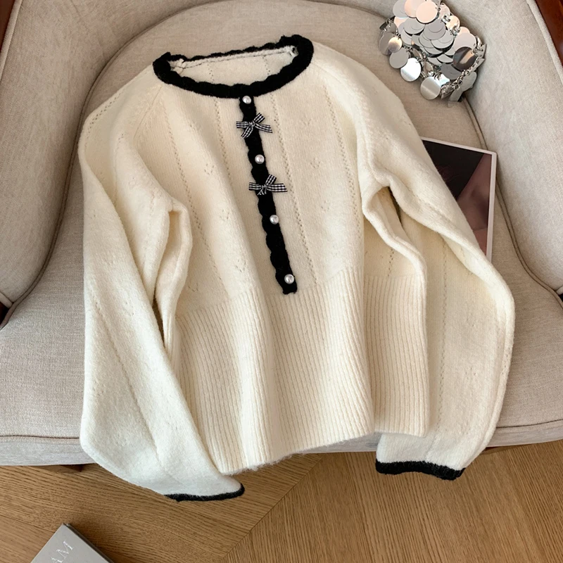 سترة محبوكة حلوة وأنيقة لأزياء الخريف والشتاء النسائية للتنقل، زخرفة القوس والأزرار، سترة كورية #4