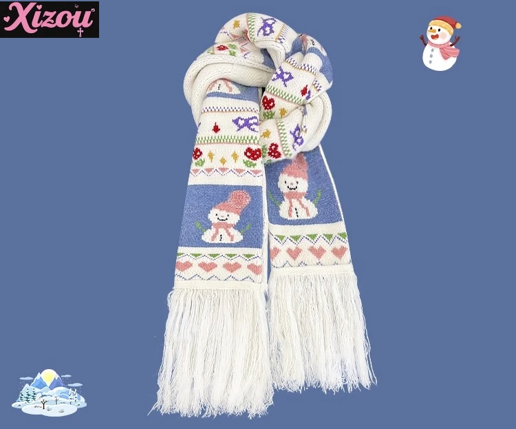 

Японский ретро жаккардовый мягкий шарф со снеговиком, ручная вышивка, шарф с бахромой, чтобы сохранить тепло, нишевый модный универсальный вязаный шарф унисекс