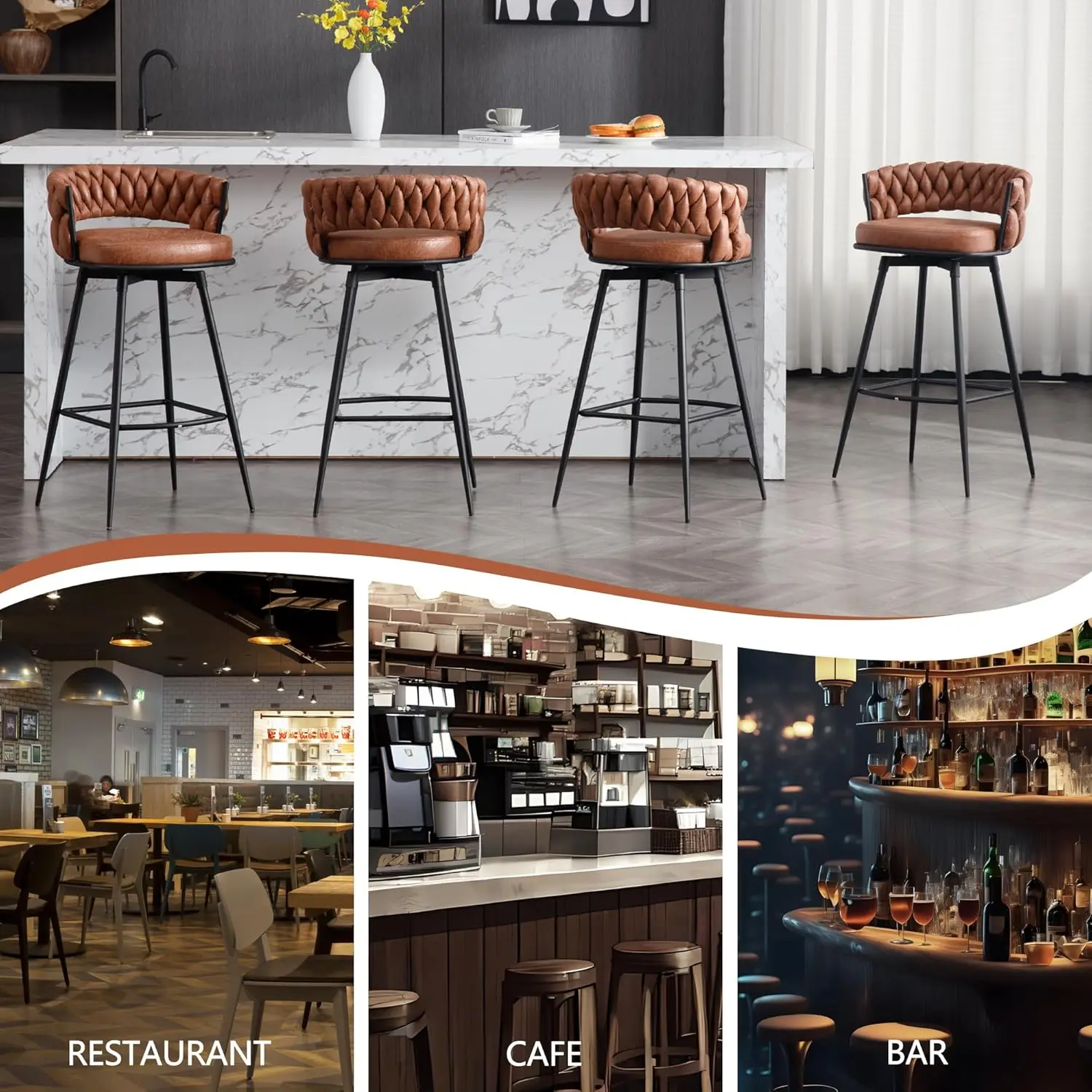 BV Counter Height Bar Stools Set of 2, 26' Seat Height, Swivel with Woven Back & Footrest, Suede Fabric for Kitchen Island