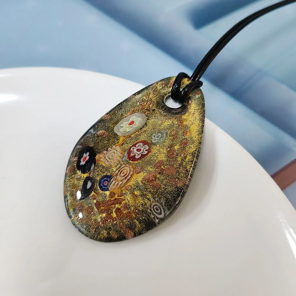 1PCS Green Blue Droplet Ellipse Glass Muran Crystal Flower Pendant Necklace For Women Floral Swirl Lampwork Cheap Item Jewelry