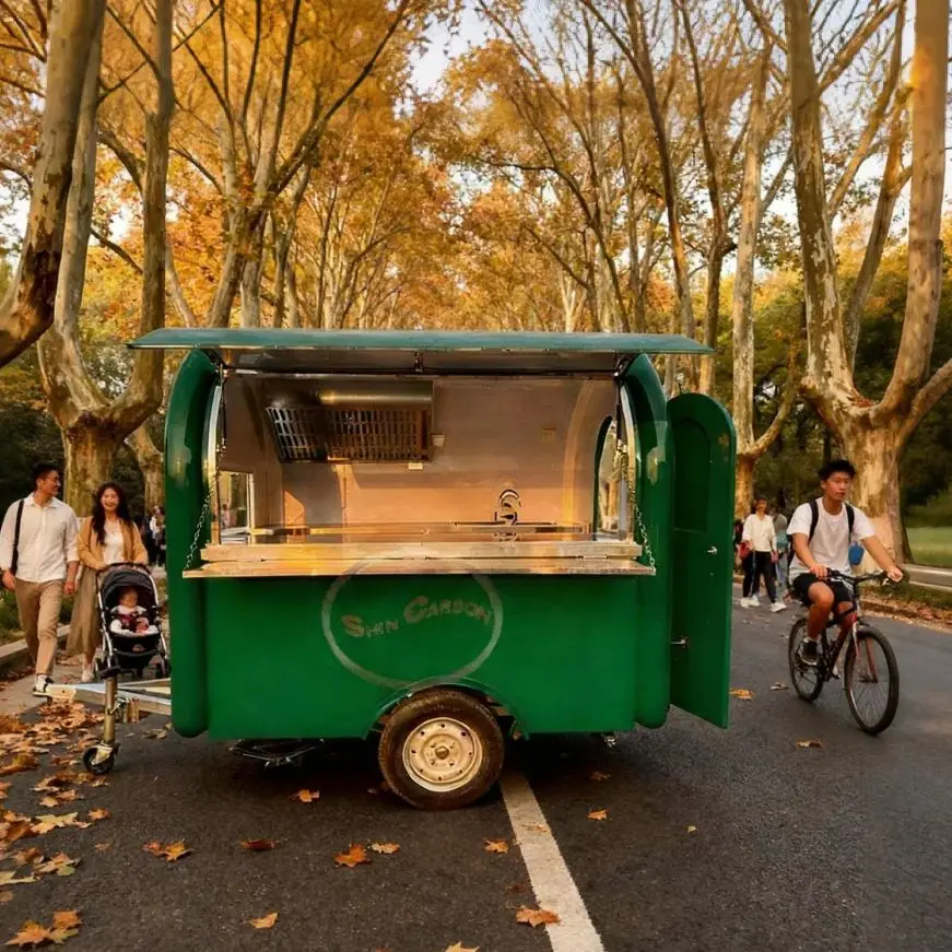 

Green Outdoor Food Trailer Main Body with Towable Structure And Deployable Sales Window