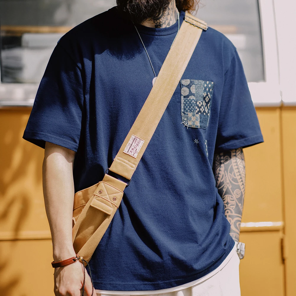 Maden Retro Plant Blue-dyed Short-Sleeve Tee Ancient Cloth Splicing Pocket T-shirt Cotton Round Neck Tops for Men's Summer Tee