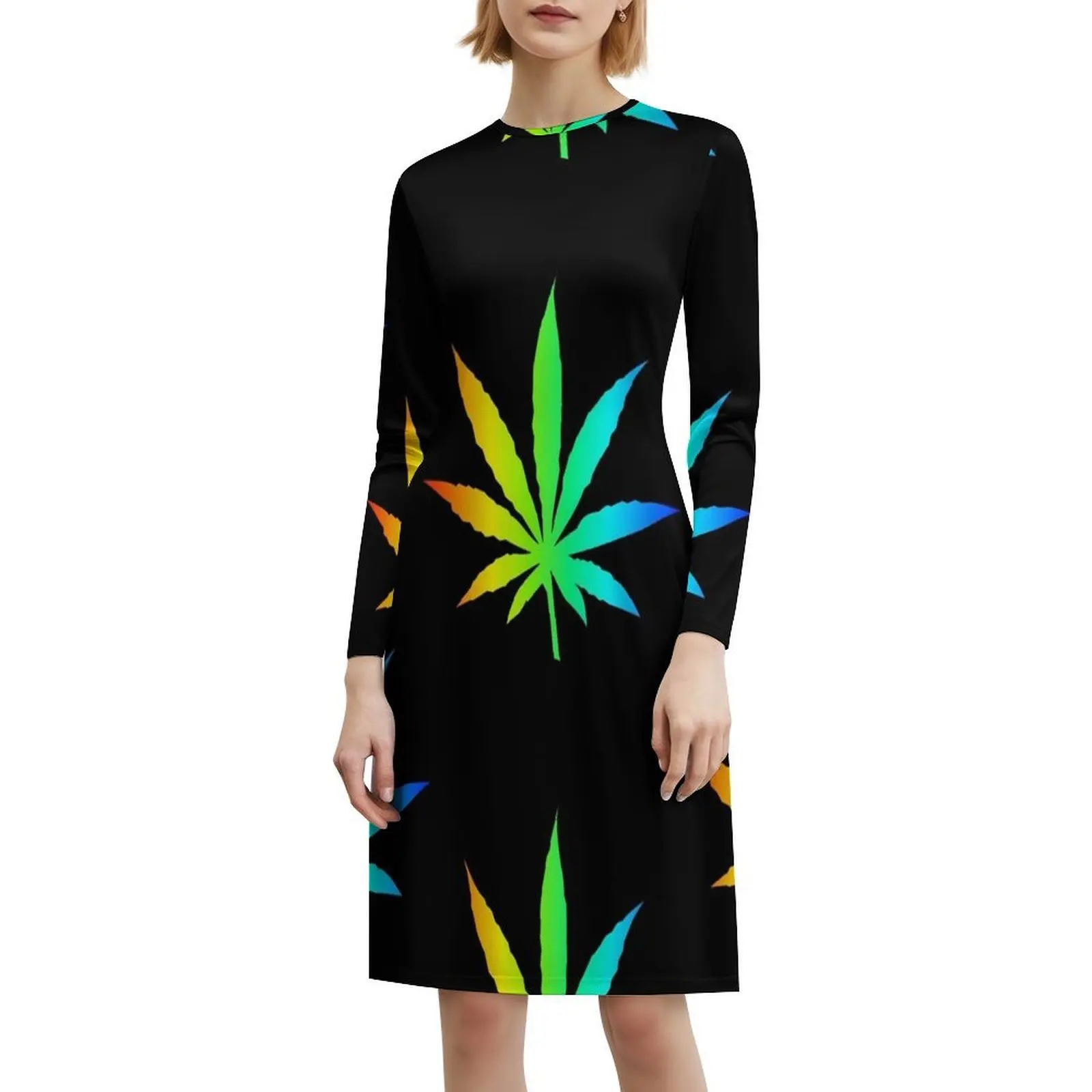 فستان بوهيمي بدون أكمام بأوراق قوس قزح متعدد الطباعة لحفلات العطلات على الشاطئ فستان حفلات هاش براونيز ينضعي Thc High Tokin للسيدات