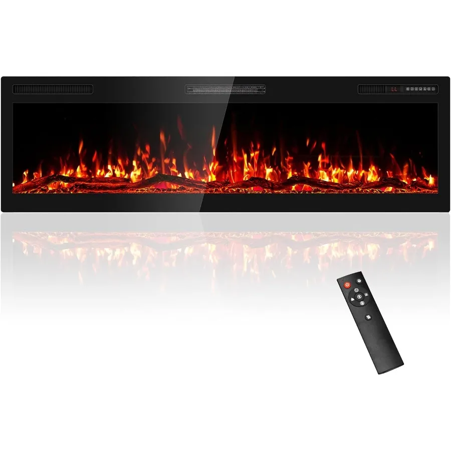 

60 Electric Fireplace Recessed Wall Mounted Wide Screen Ultra Narrow Bezel Frame HD Flame Effect Logs Fuel Bed Modern Fire Plac