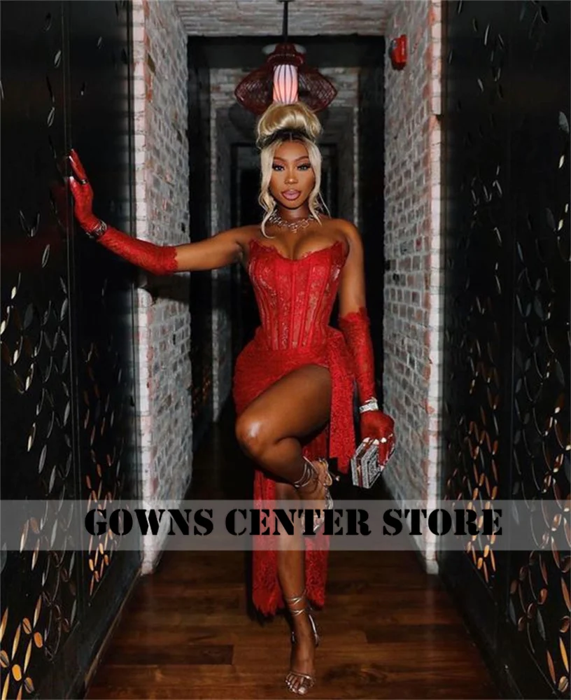 Vestido corto de graduación de encaje rojo Sexy para niñas negras, vestidos de fiesta de cumpleaños sin tirantes con guantes, Mini cóctel de regreso