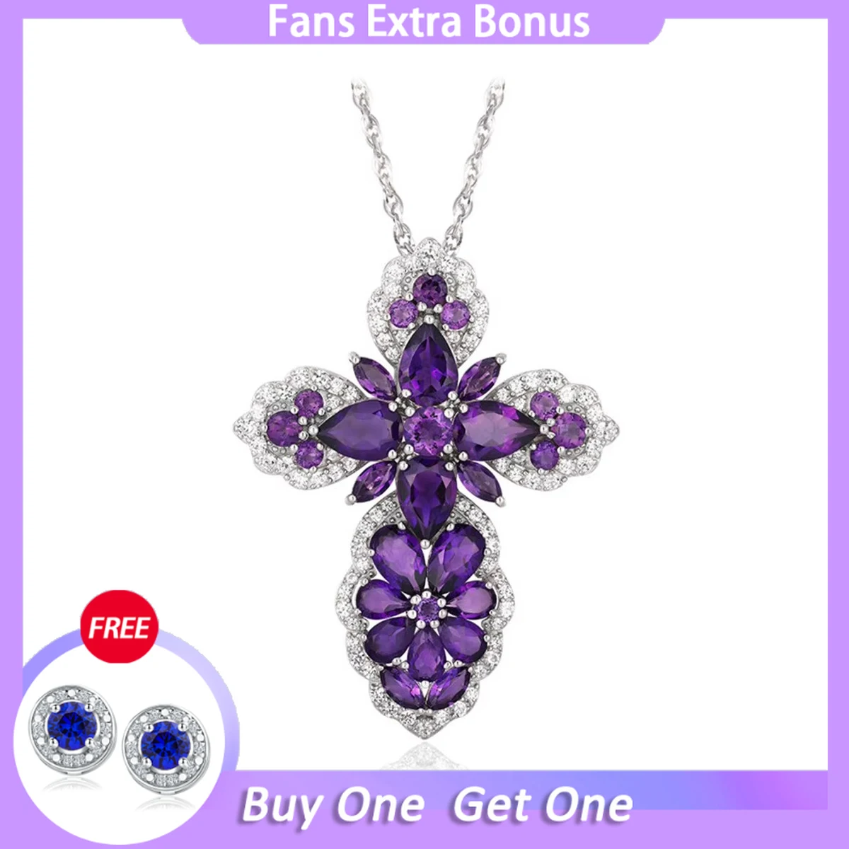 GZ ZONGFA 11 Carats Natural Amethyst Gem Genuine 925 Sterling Silver Cross Pendant Necklace for Women Sweater Chain Fine Jewelry