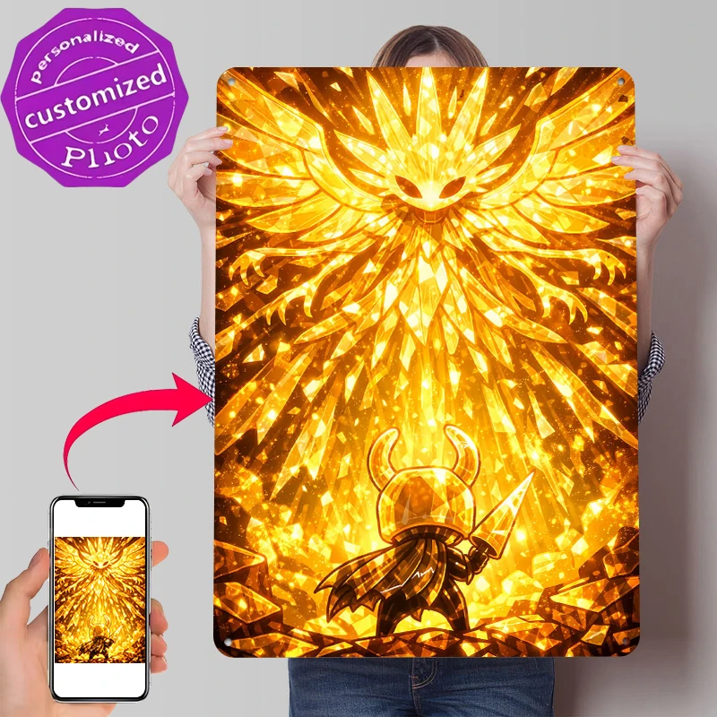 Golden Knight and Radiant Phoenix Metal Poster Customized Wall Art Retro Vintage Metal Signs for Man Cave Modern Home Decoration