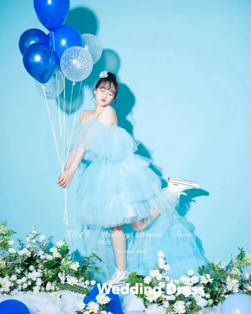 TULX Fee Blauwe Off Schouder Trouwjurk Korea Fotoshoot Bladerdeeg Mouw Bruidsjurk Een Lijn Verjaardagsfeestje Jurk Aangepaste 2025