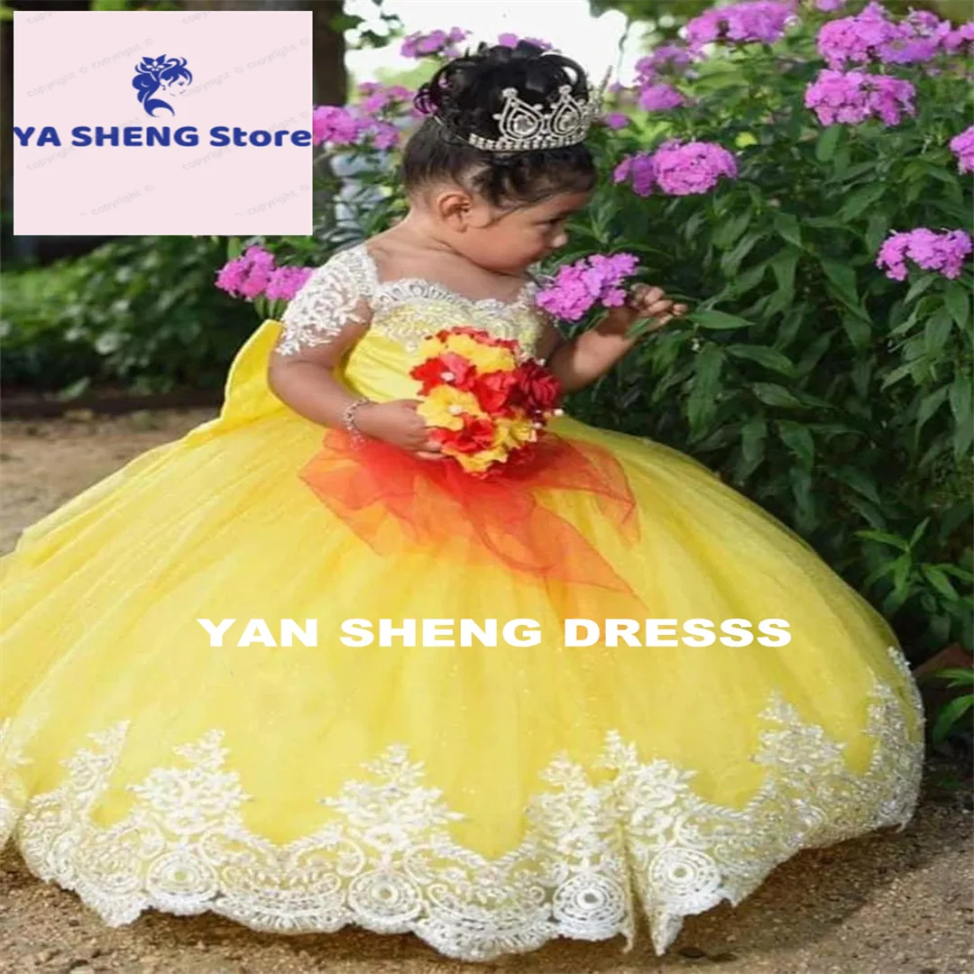 فساتين زفاف مخصصة لفتاة الزهور من الدانتيل للأطفال الصغار فستان الأميرة مطرز بأكمام كاملة لحفلات أعياد الميلاد Dre