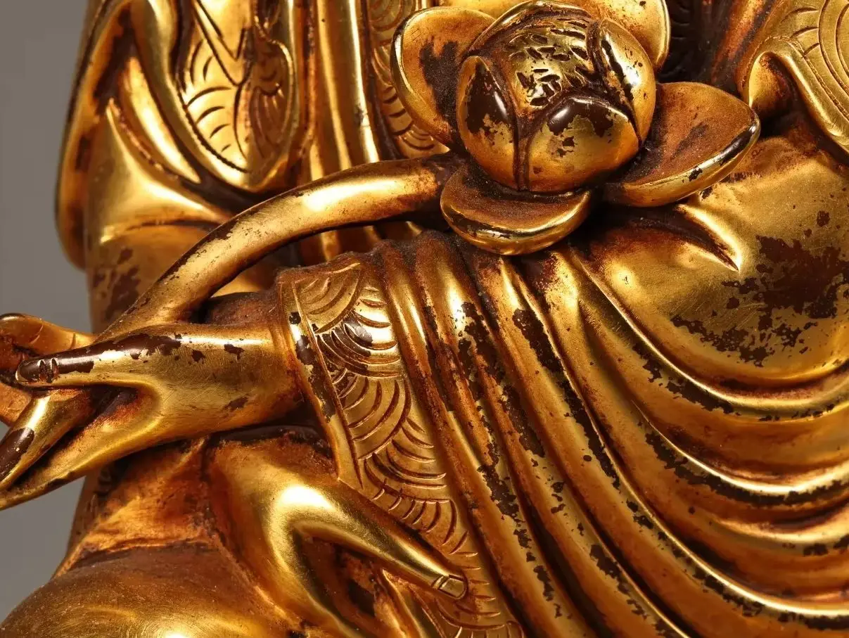14"Old Xizang Folk Collection  Old Purple Bronze Gilded High Relief Ruyi Lotus Guanyin Bodhisattva Sitting Buddha Worship Hall