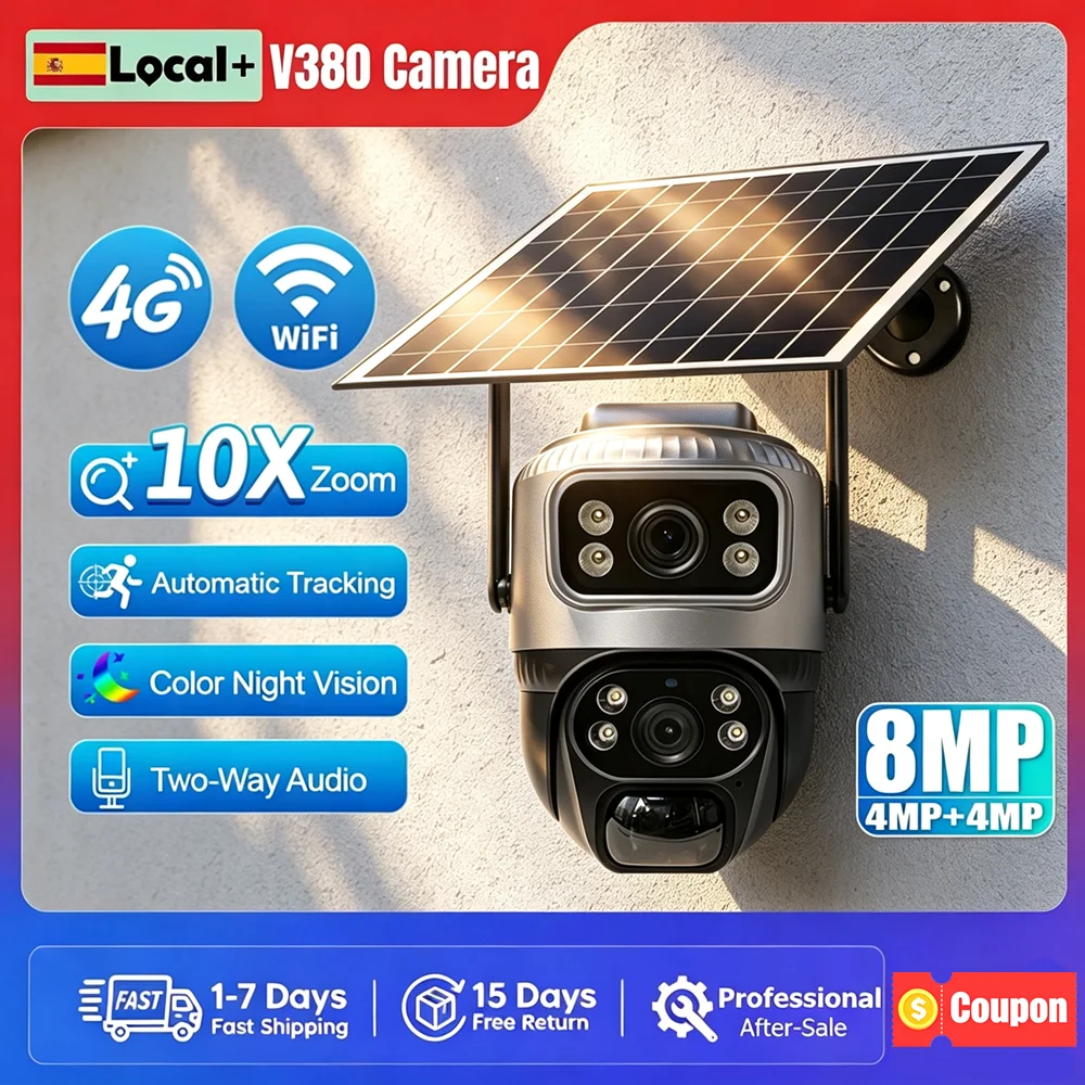 Caméra solaire V380 Pro Wifi et carte SIM 4G, double objectif 8MP, faible consommation d'énergie, caméra CCTV avec détection PIR humanoïde, vision nocturne couleur, audio bidirectionnel, batterie, adaptée pour l'extérieur et l'intérieur