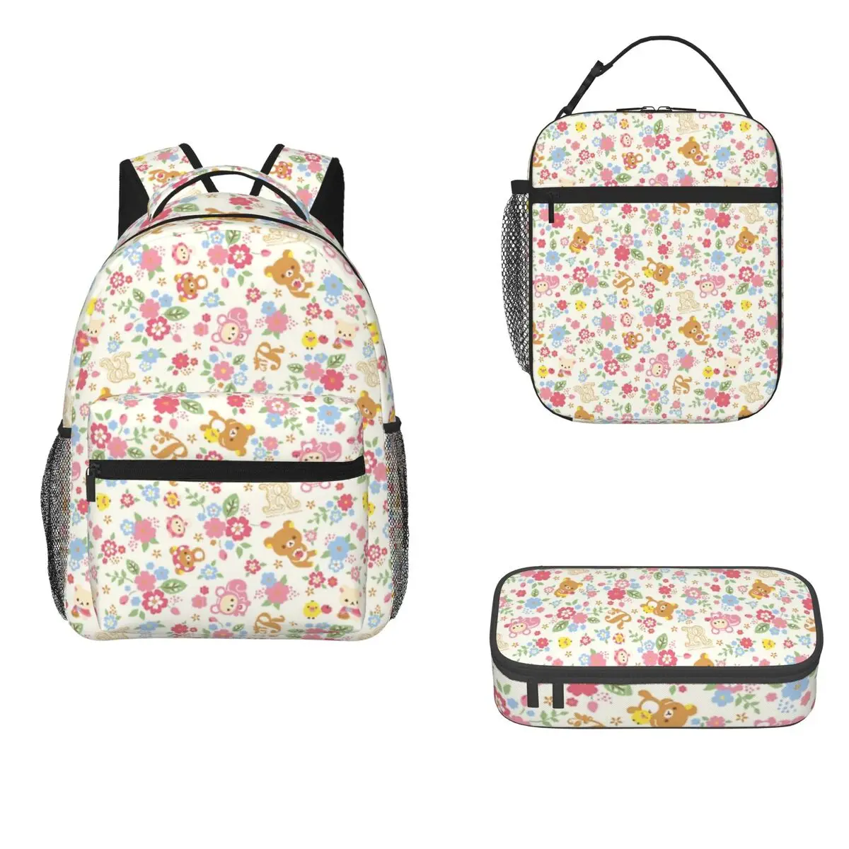 

Cute Rilakkuma Flower Pattern Backpacks Boys Girls Bookbag School Bags Cartoon Kids Rucksack Lunch Bag Pen Bag Three-Piece Set