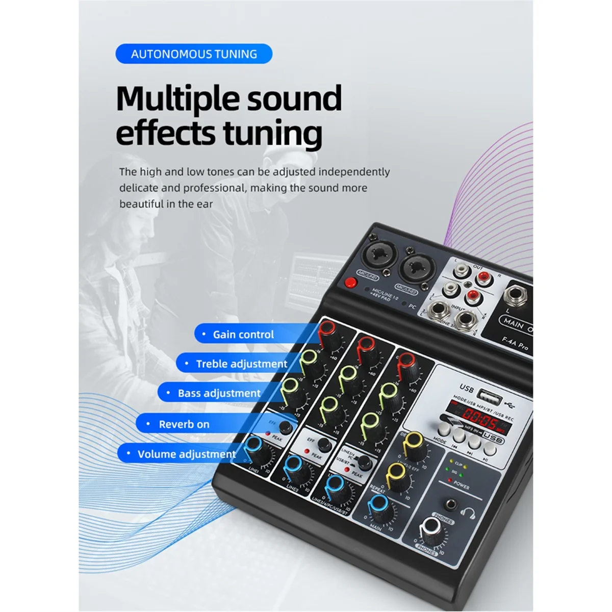 

4 Channel Audio Mixer Sound Board Mixing Console Input 48V Phantom Power Stereo DJ Mixers for Recording KTV EU Plug