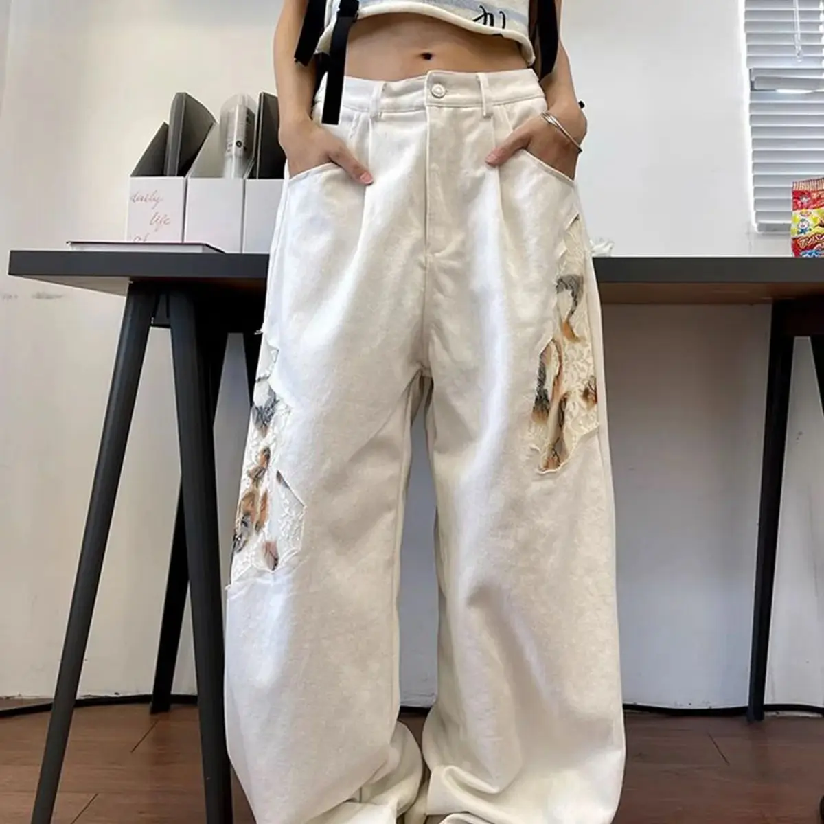 

Jeans Lace Splicing White High Waist Women Fashion Vintage Streetwear Y2K Wide Leg Jean 2024 Female Trouser Baggy Denim Pants