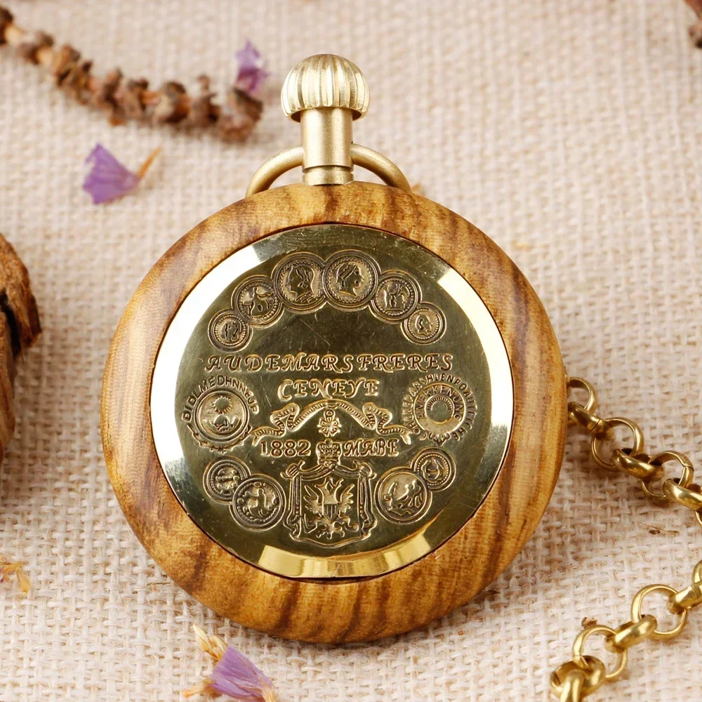 Vintage Wooden Mechanical Pocket Watch  for Men Women Automatic Self-Wind Pocket Pendant Clock Luxury Watch Gift with 30cm Chain